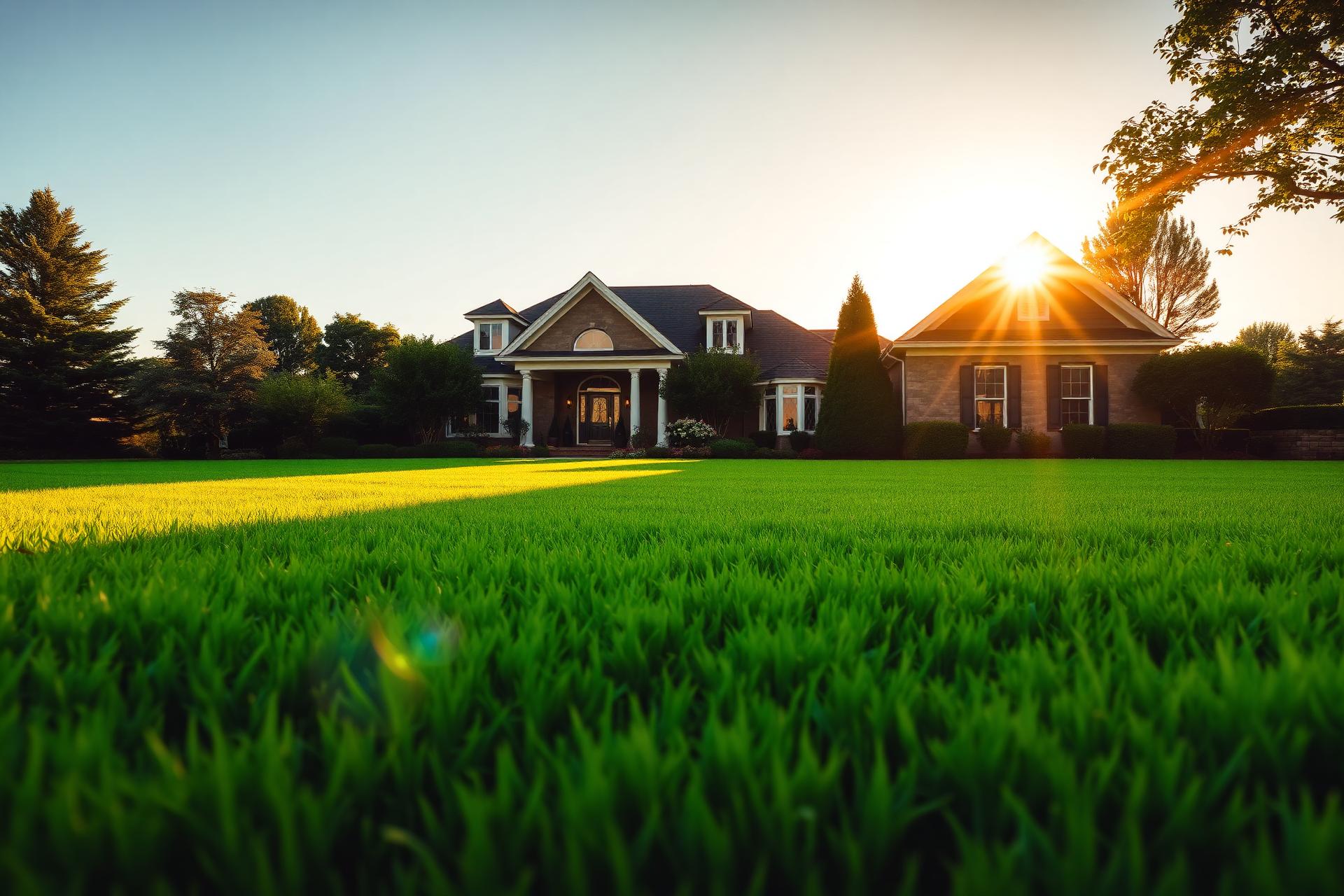 Manicured green lawn at golden hour